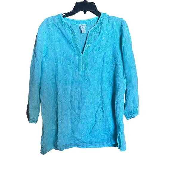 Chicos Top Womens Medium Blue Embellished Split Neck Linen Popover Blouse - Picture 1 of 8